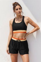R&B | Schwarzes Colorblock Reißverschluss Rücken Sport Bikini-Oberteil mit Boyshort-Set
