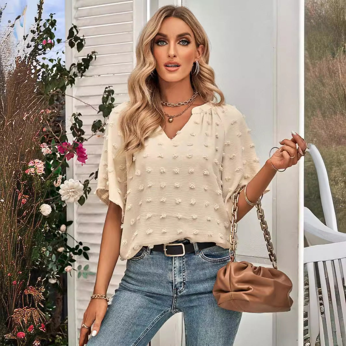 R&B | Damen V-Ausschnitt einfarbig Haarball Top Damen