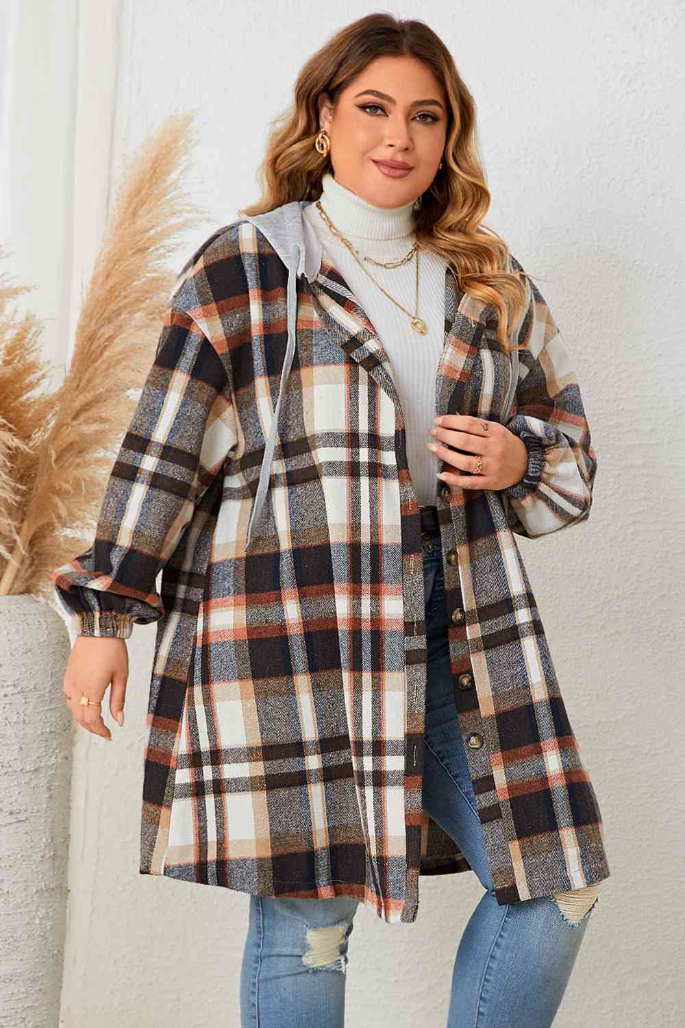 R&B | Plus Size Karo Drop-Shoulder Kapuzenmantel