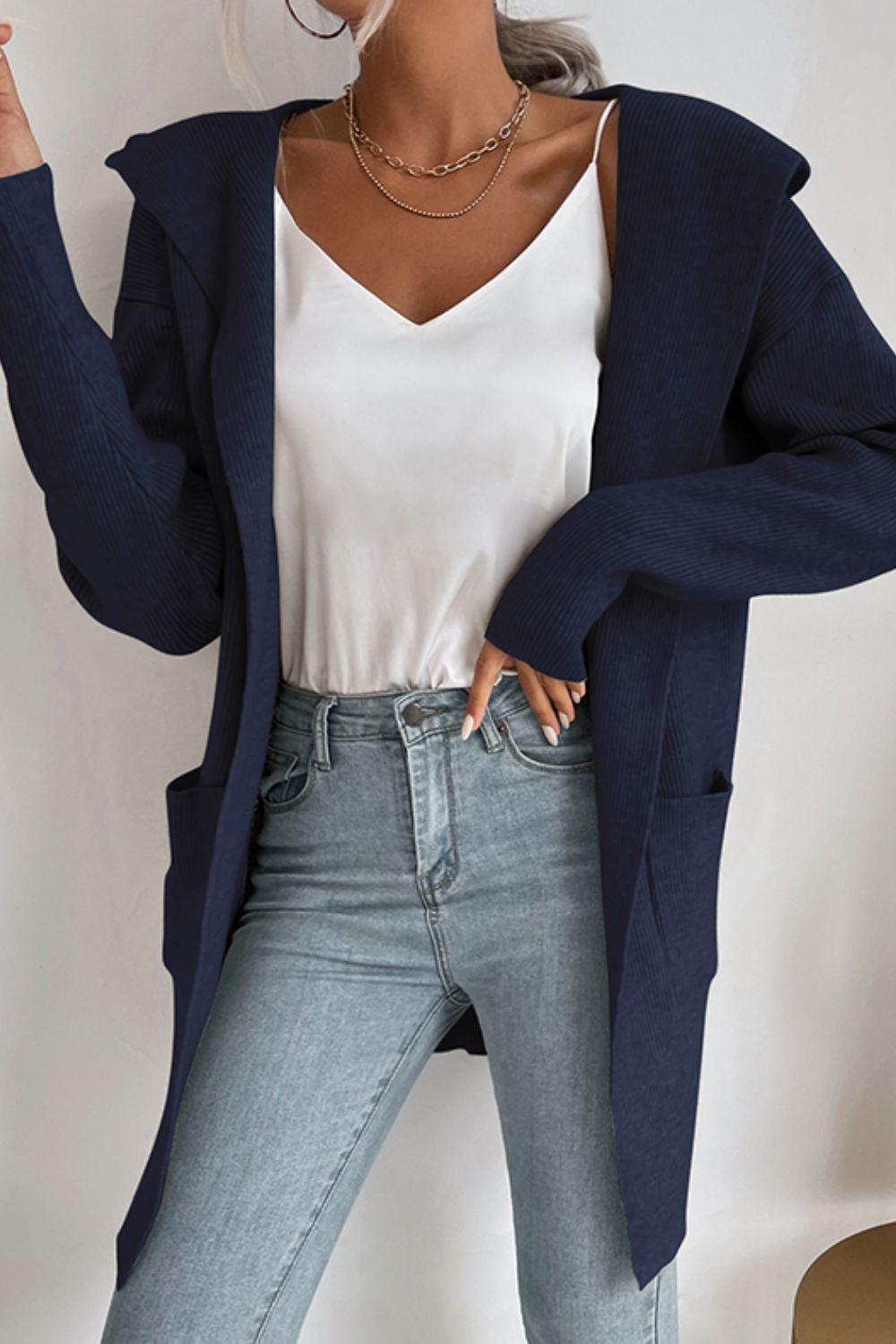 R&B | geripptes offen-front Cardigan mit Kapuze und Taschen