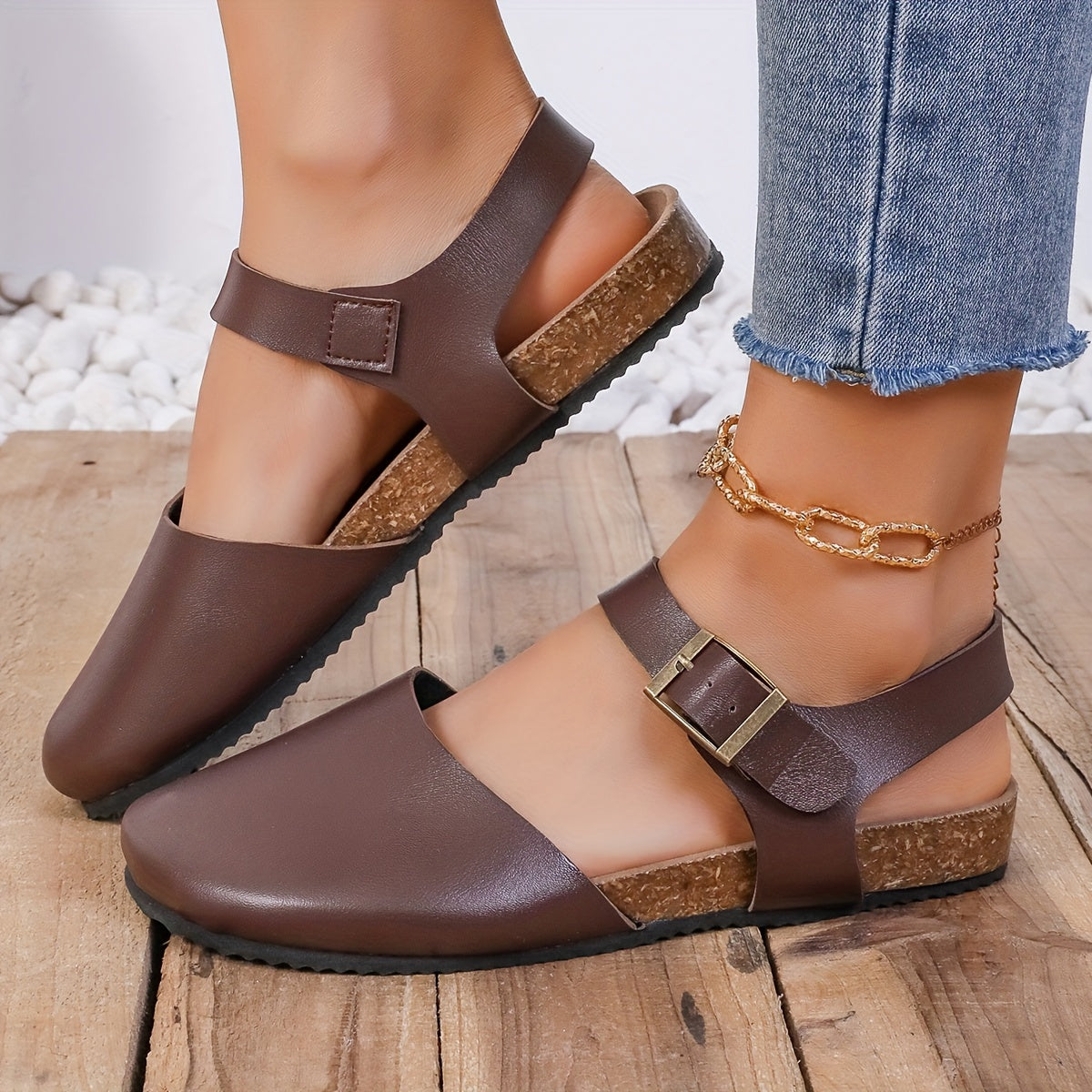 R&B | Retro Damen Slingback Sandalen mit Kork und Geschlossener Spitze
