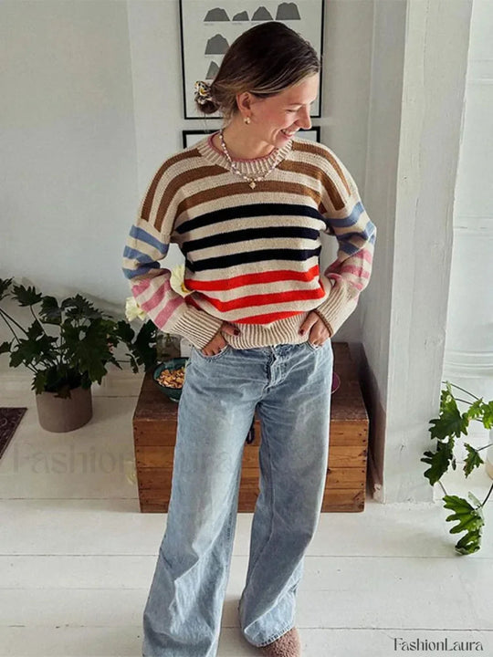 R&B | Bunter Gestreifter Vintage Strickpullover mit Rundhalsausschnitt