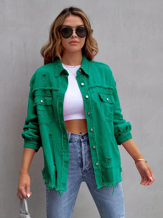 R&B | Denimjacke Boho Nicht Dehnbar, Einfarbig, Knopfverschluss