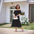 R&B | Plissee-Kleid mit quadratischem Ausschnitt und Neckholder-Blasenärmeln