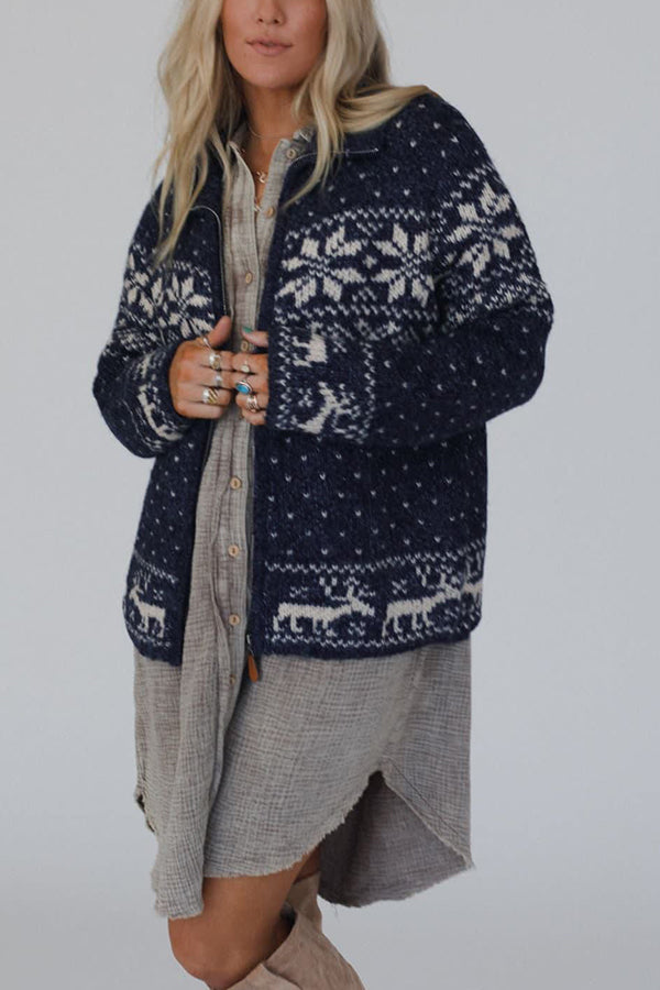 R&B | Weihnachts-Schneeflocken-Elch-Reißverschluss Langarmpullover