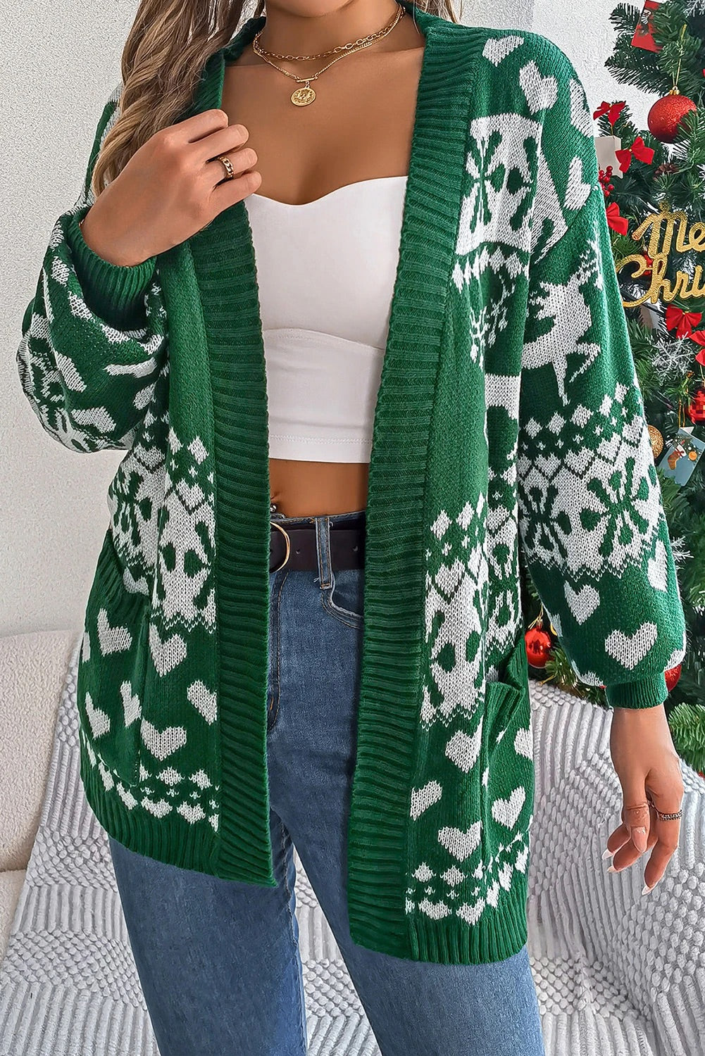 R&B | Dunkelgrüner Weihnachts-Langarmcardigan