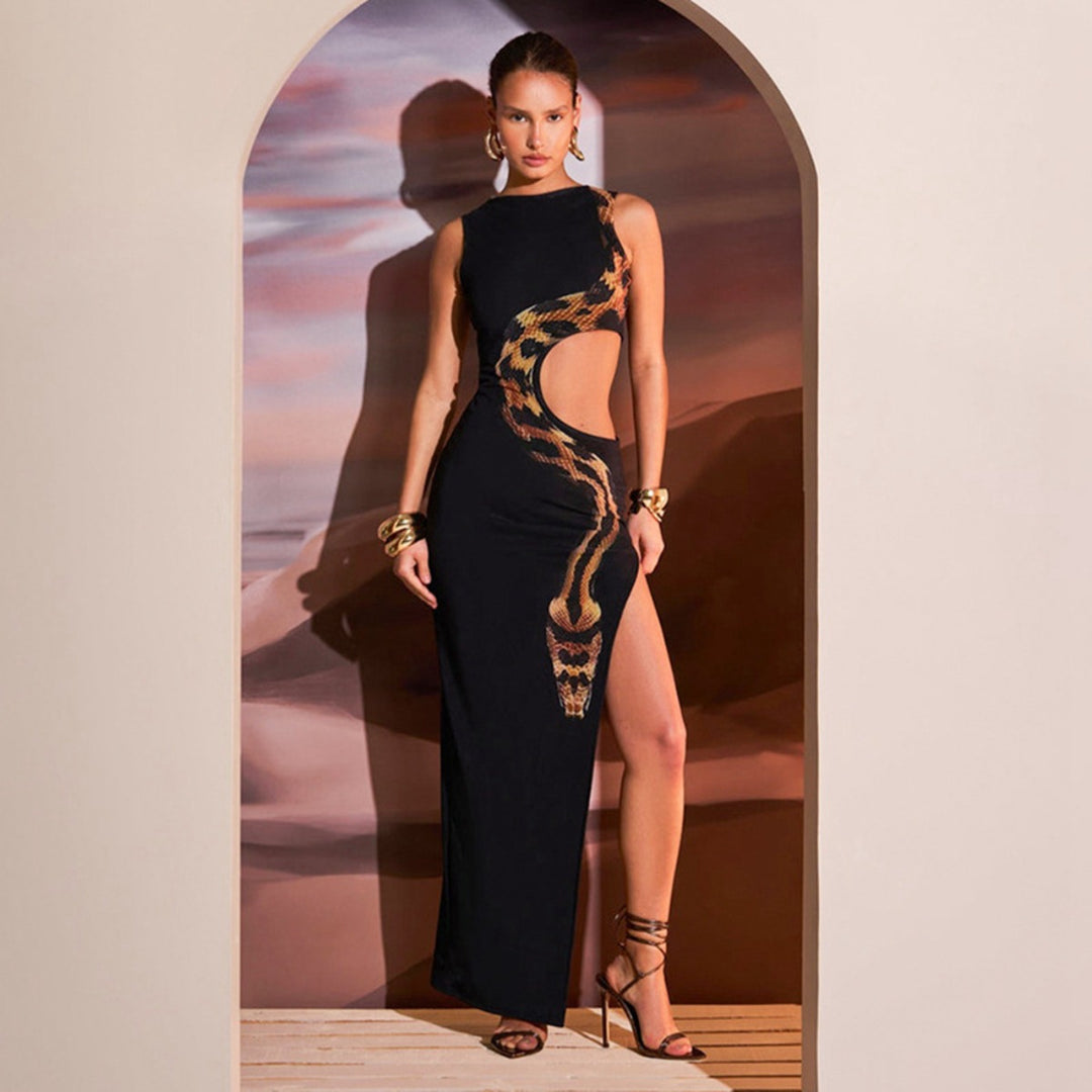 R&B | Ärmelloses, eng anliegendes, hohles Kleid mit geteiltem Ende