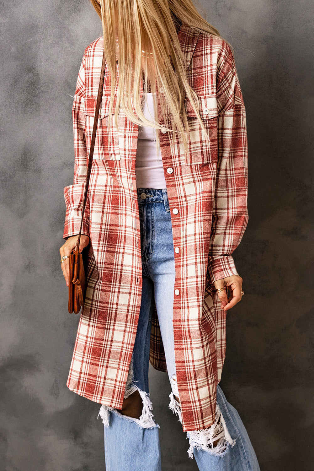 R&B | Karierter Button-Up Longline Shacket mit Brusttaschen