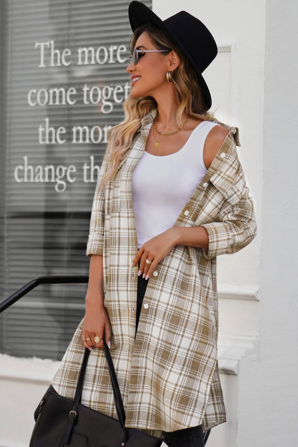 R&B | Karierter Button-Up Longline Shacket mit Brusttaschen