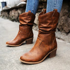 R&B | Retro Gefaltete Oberschenkel Dicke Absatz Spitz Zulaufende Stiefel