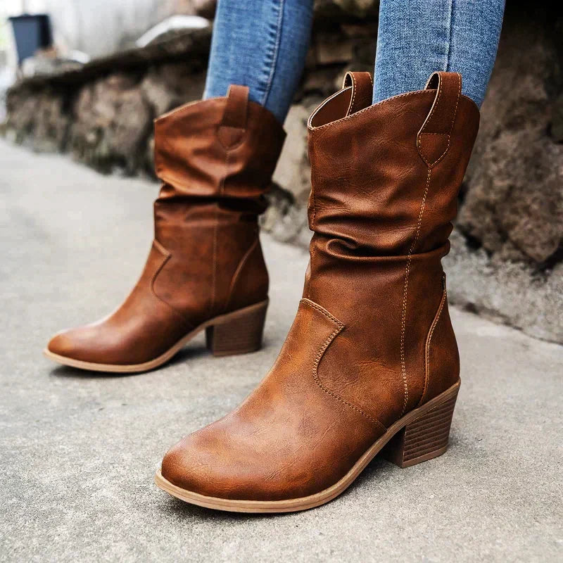 R&B | Retro Gefaltete Oberschenkel Dicke Absatz Spitz Zulaufende Stiefel