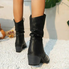 R&B | Retro Gefaltete Oberschenkel Dicke Absatz Spitz Zulaufende Stiefel