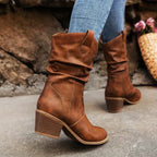 R&B | Retro Gefaltete Oberschenkel Dicke Absatz Spitz Zulaufende Stiefel
