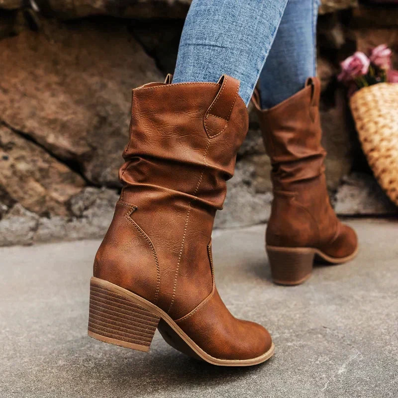 R&B | Retro Gefaltete Oberschenkel Dicke Absatz Spitz Zulaufende Stiefel