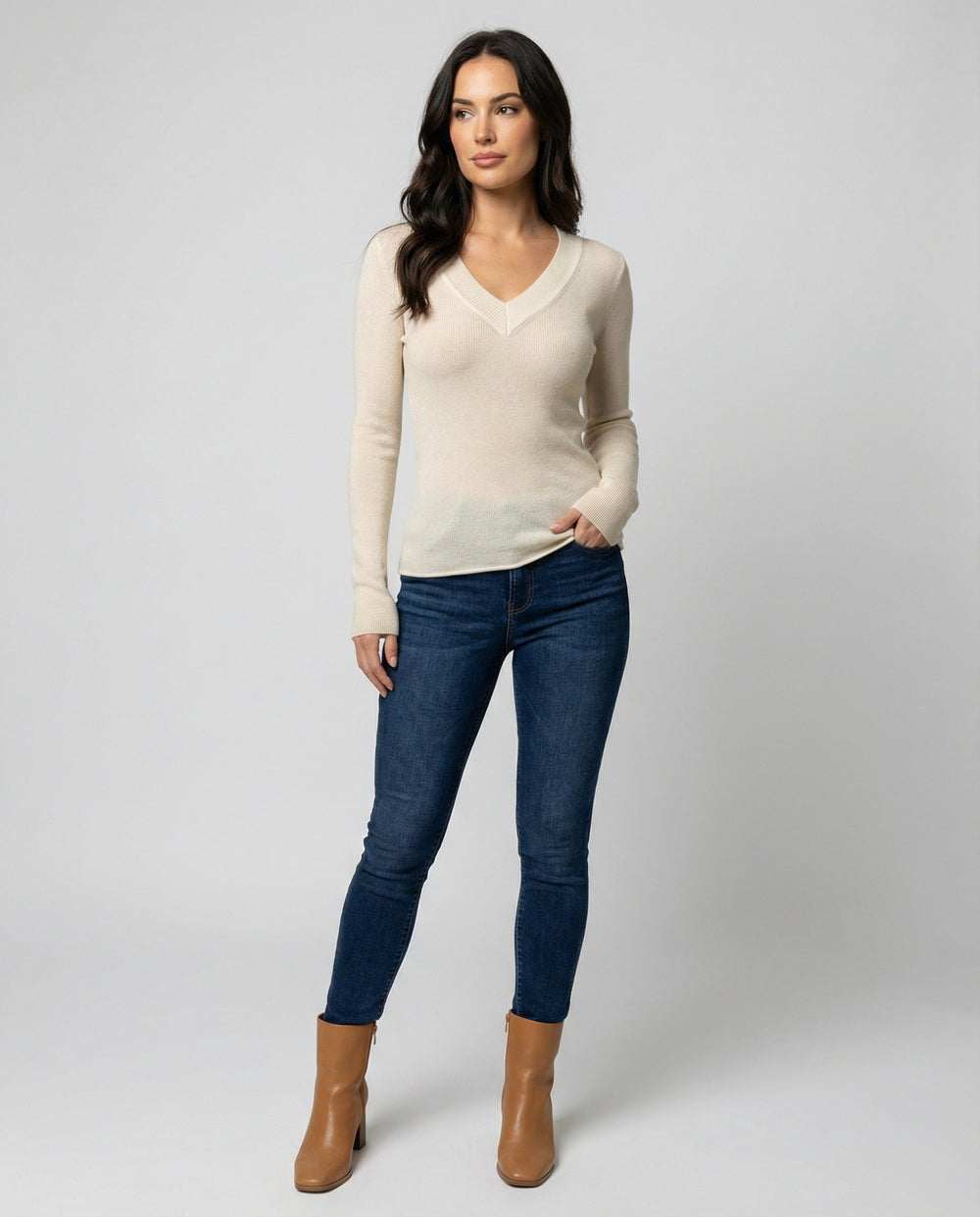 Damen Strickpullover aus Wolle und Kaschmir mit V-Ausschnitt