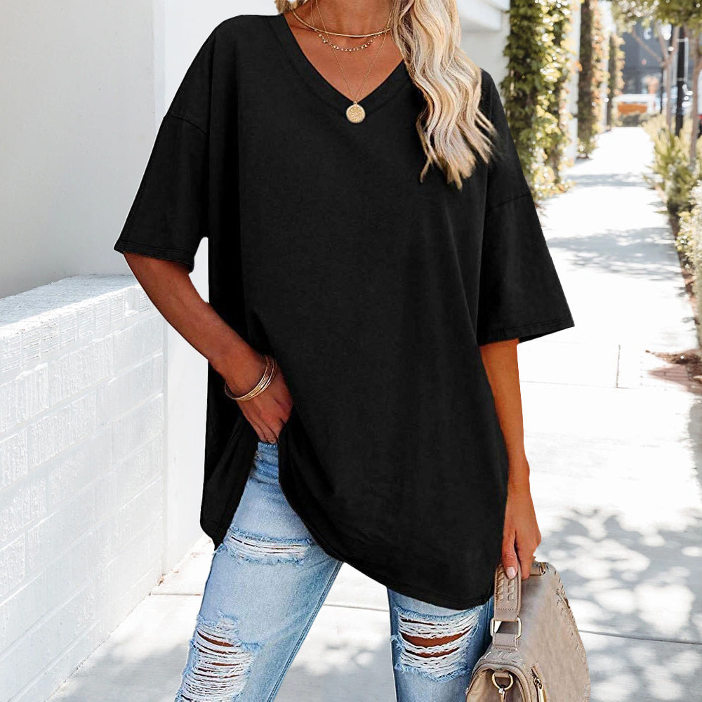 R&B | Einfarbiges Neues Damen-T-Shirt Aus Baumwolle mit V-Ausschnitt