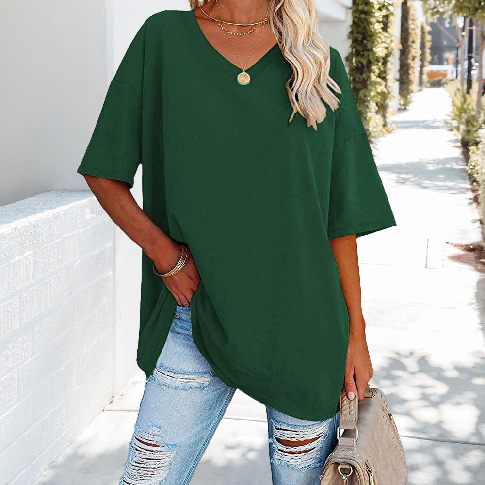 R&B | Einfarbiges Neues Damen-T-Shirt Aus Baumwolle mit V-Ausschnitt