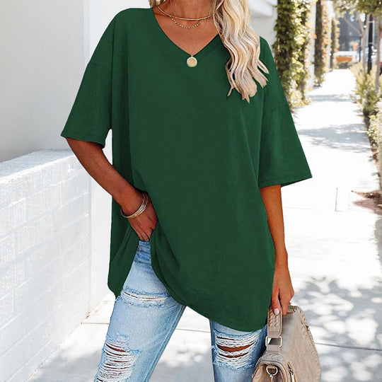 R&B | Einfarbiges Neues Damen-T-Shirt Aus Baumwolle mit V-Ausschnitt