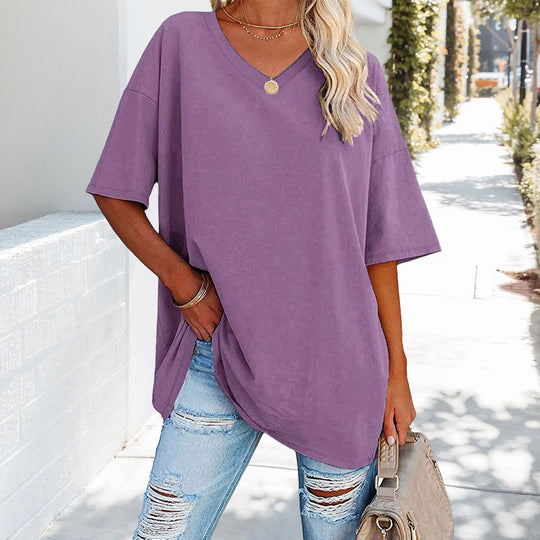 R&B | Einfarbiges Neues Damen-T-Shirt Aus Baumwolle mit V-Ausschnitt