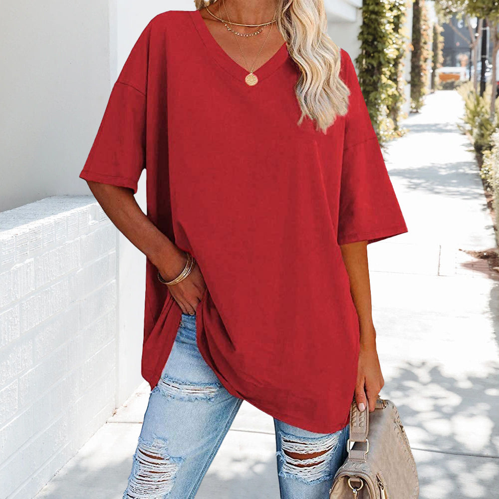 R&B | Einfarbiges Neues Damen-T-Shirt Aus Baumwolle mit V-Ausschnitt