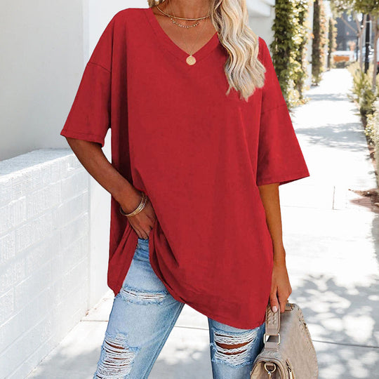 R&B | Einfarbiges Neues Damen-T-Shirt Aus Baumwolle mit V-Ausschnitt