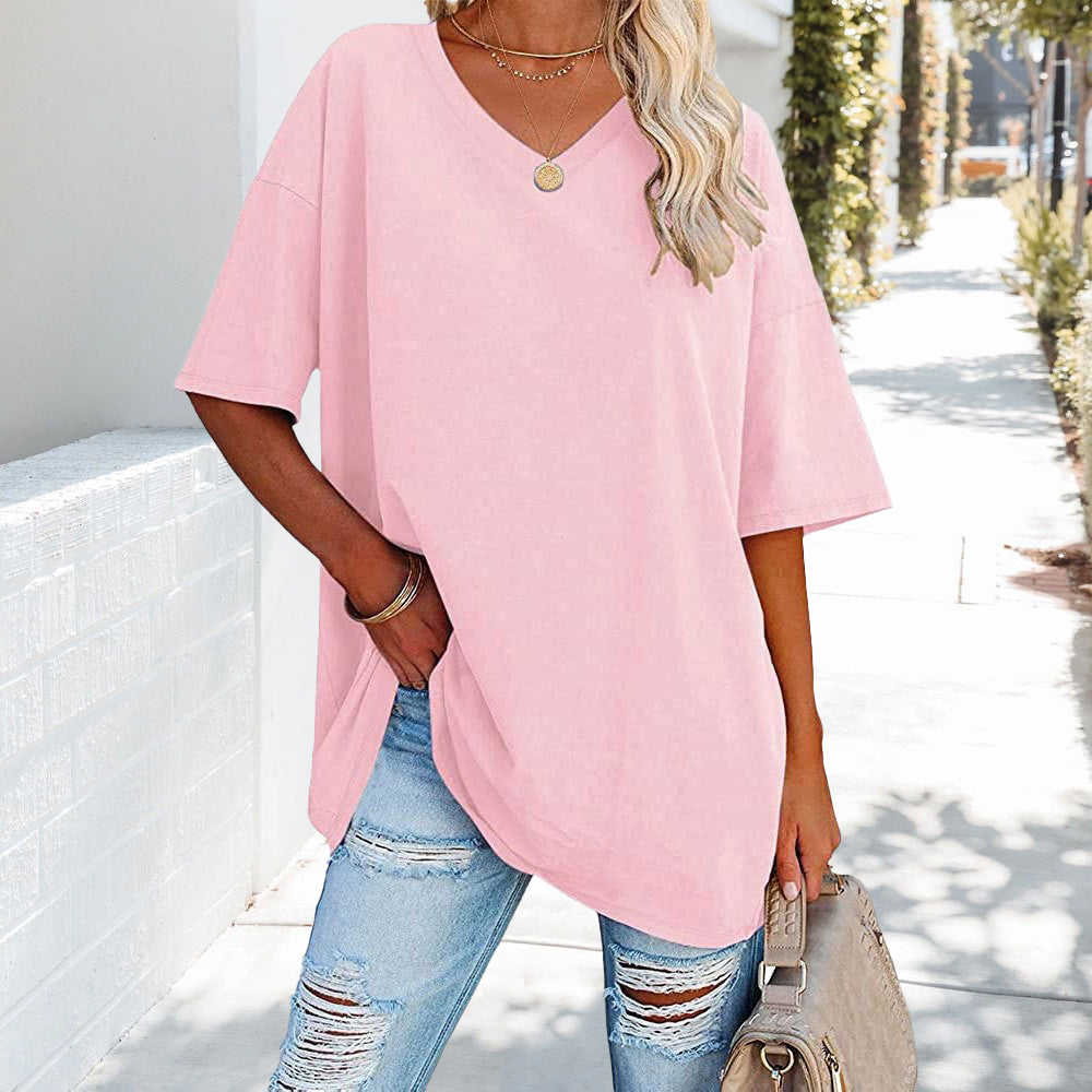 R&B | Einfarbiges Neues Damen-T-Shirt Aus Baumwolle mit V-Ausschnitt
