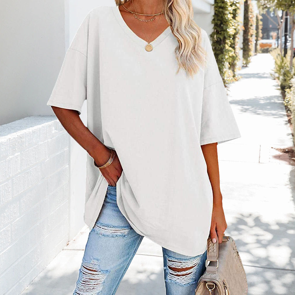 R&B | Einfarbiges Neues Damen-T-Shirt Aus Baumwolle mit V-Ausschnitt