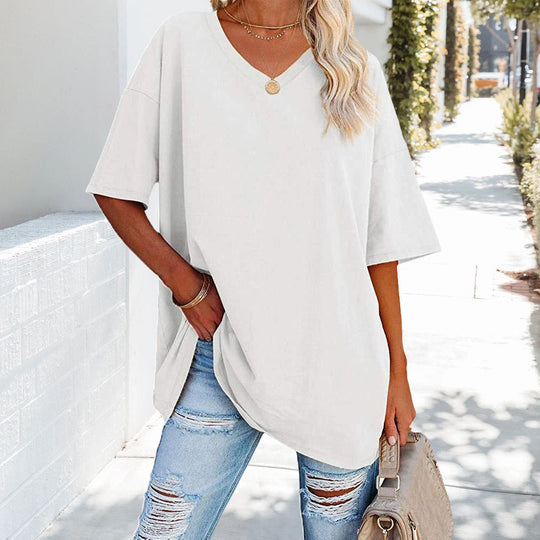 R&B | Einfarbiges Neues Damen-T-Shirt Aus Baumwolle mit V-Ausschnitt