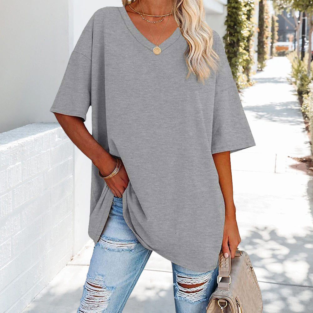 R&B | Einfarbiges Neues Damen-T-Shirt Aus Baumwolle mit V-Ausschnitt