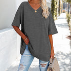 R&B | Einfarbiges Neues Damen-T-Shirt Aus Baumwolle mit V-Ausschnitt