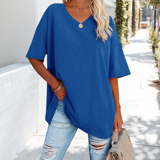 R&B | Einfarbiges Neues Damen-T-Shirt Aus Baumwolle mit V-Ausschnitt