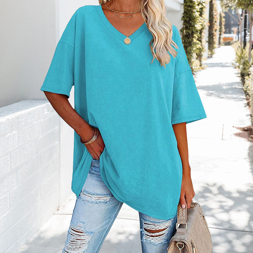 R&B | Einfarbiges Neues Damen-T-Shirt Aus Baumwolle mit V-Ausschnitt