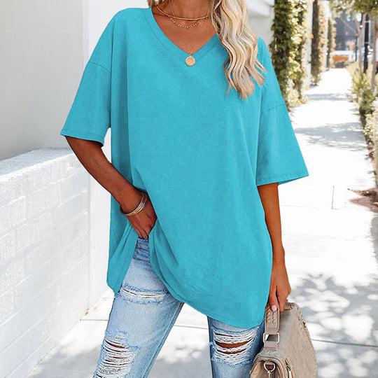 R&B | Einfarbiges Neues Damen-T-Shirt Aus Baumwolle mit V-Ausschnitt