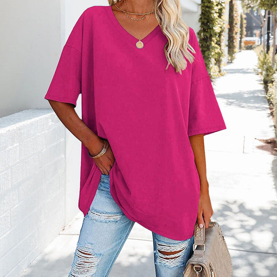 R&B | Einfarbiges Neues Damen-T-Shirt Aus Baumwolle mit V-Ausschnitt