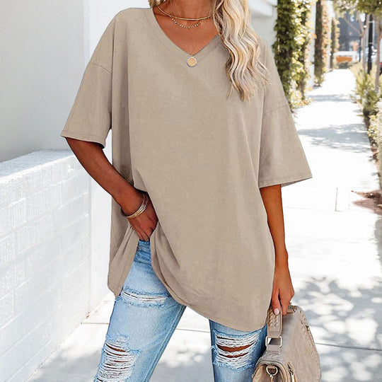 R&B | Einfarbiges Neues Damen-T-Shirt Aus Baumwolle mit V-Ausschnitt