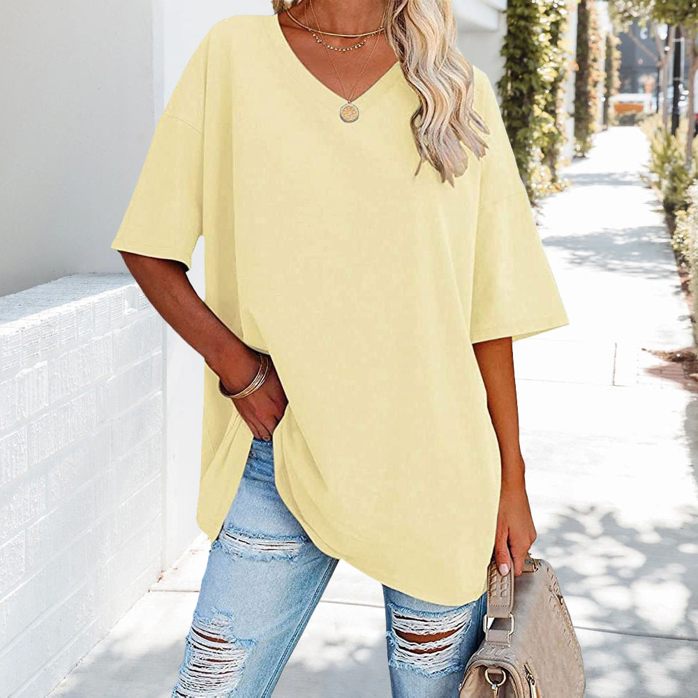 R&B | Einfarbiges Neues Damen-T-Shirt Aus Baumwolle mit V-Ausschnitt