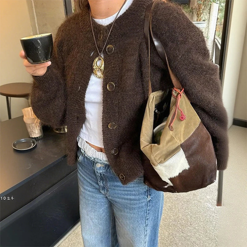 R&B | Damen Braun Strickjacke mit langen Ärmeln und Knopfverschluss