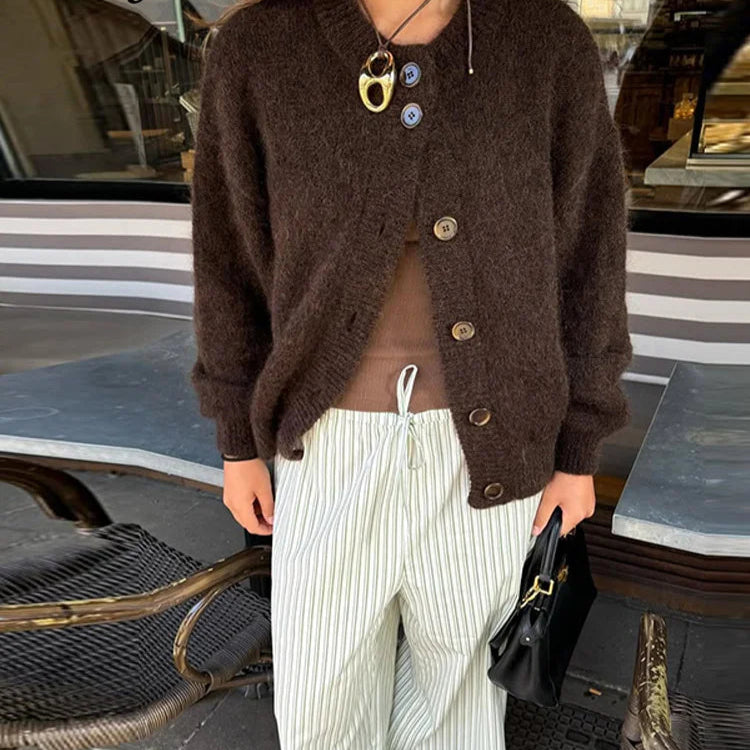 R&B | Damen Braun Strickjacke mit langen Ärmeln und Knopfverschluss