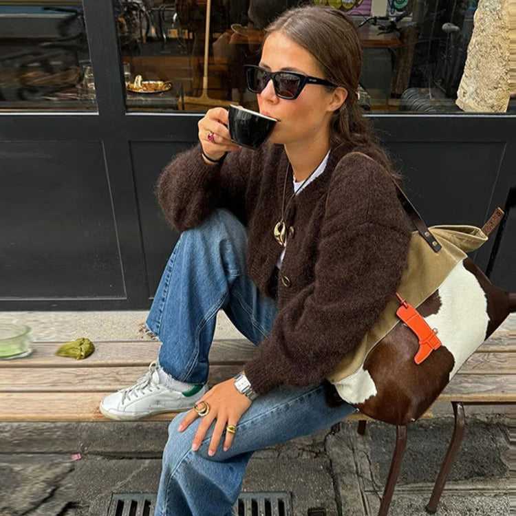 R&B | Damen Braun Strickjacke mit langen Ärmeln und Knopfverschluss