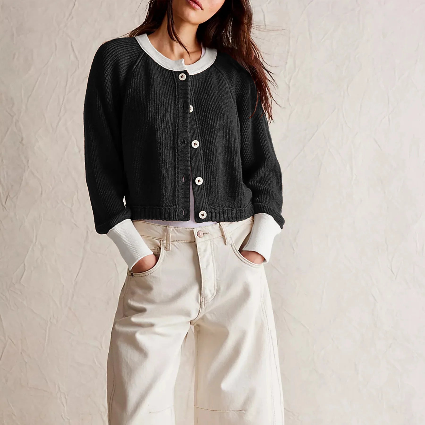 R&B | Damen Cropped Cardigan mit Knöpfen und langen Ärmeln