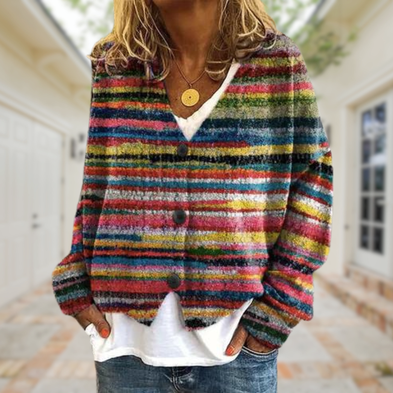 R&B | Modische, bedruckte Strickjacke mit V-Ausschnitt und Knöpfen