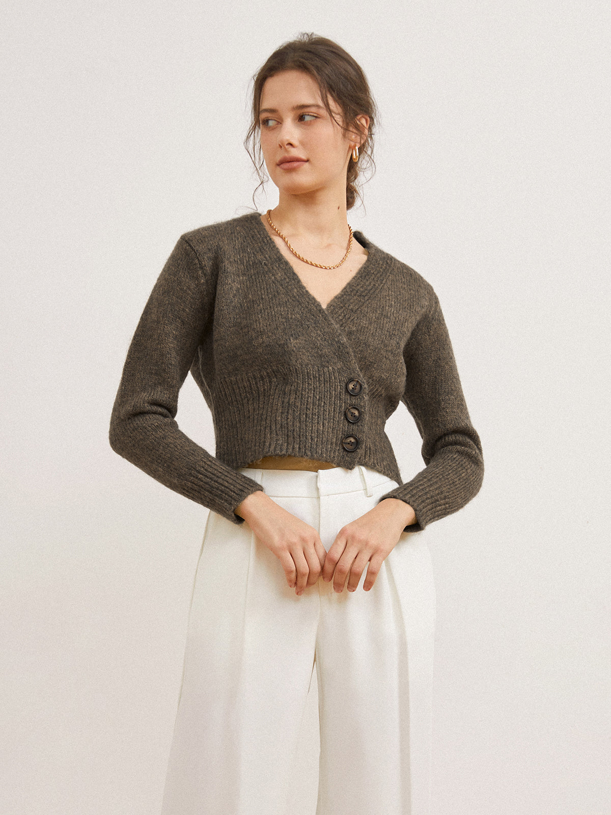 R&B | Cardigan mit Seitlicher Öffnung und Tiefem V-ausschnitt Wollmischung Einfach und Warm
