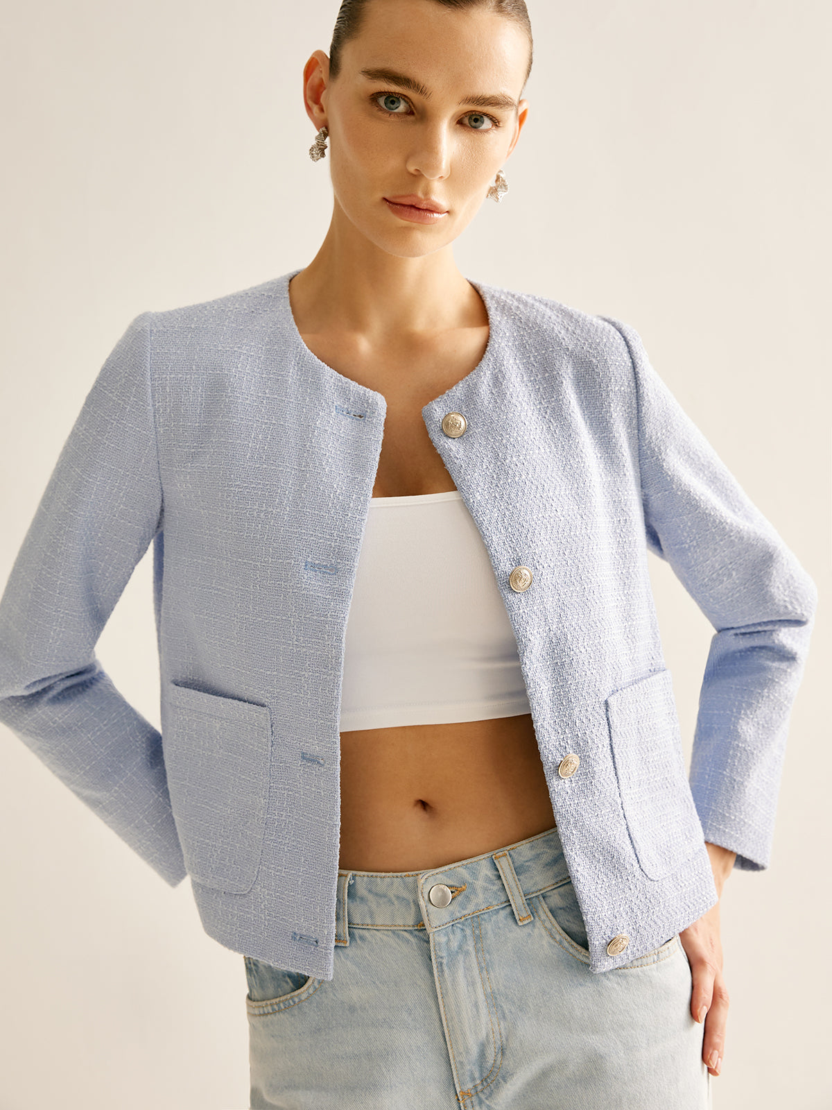 R&B | Bouclejacke mit Knöpfen Kurzer Schnitt Elegant und Strukturiert