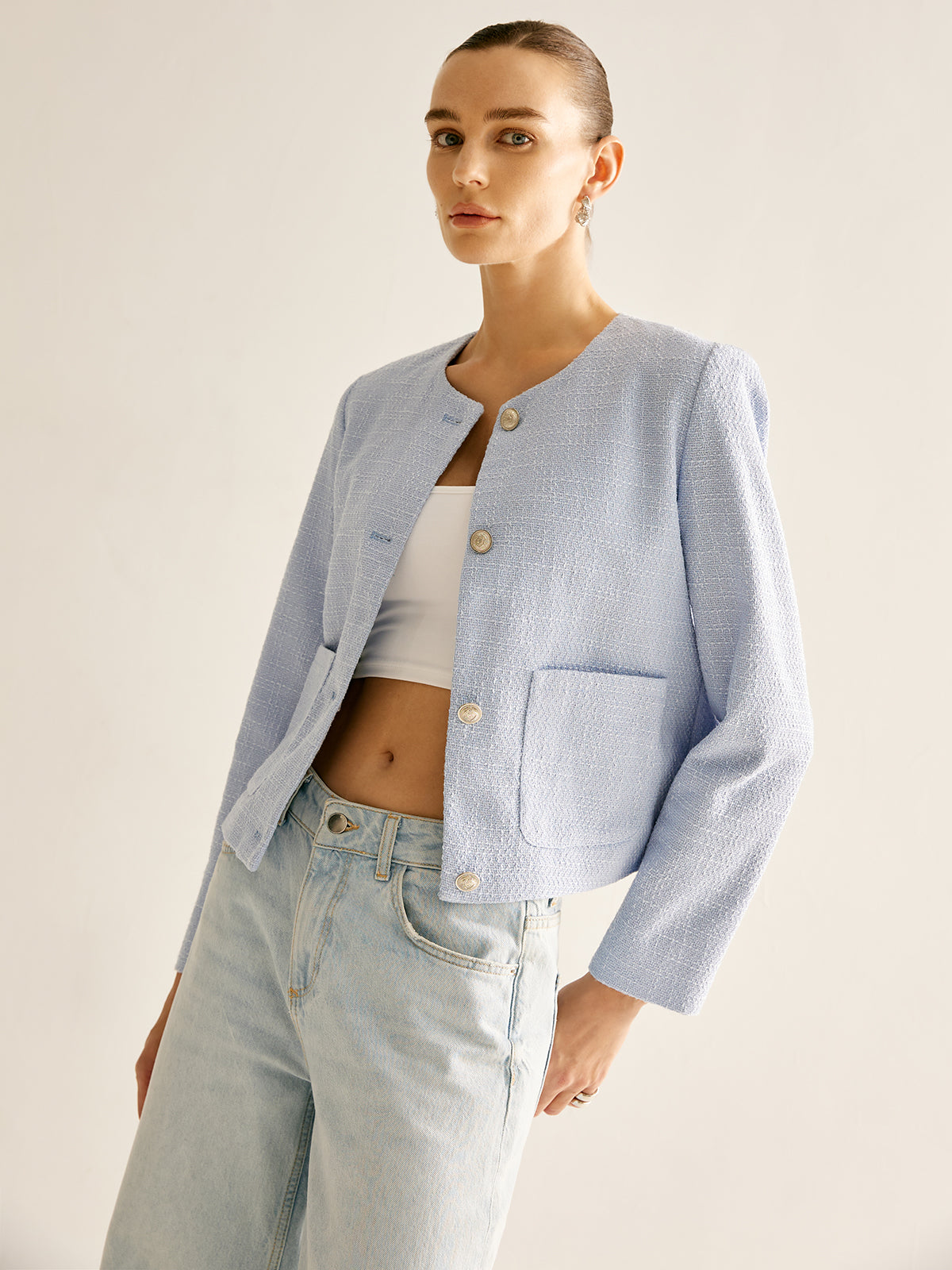 R&B | Bouclejacke mit Knöpfen Kurzer Schnitt Elegant und Strukturiert