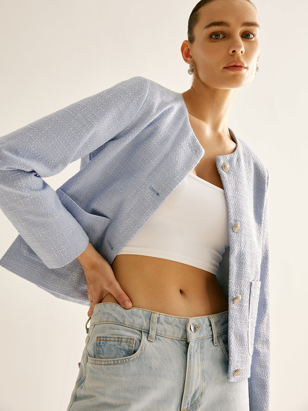 R&B | Bouclejacke mit Knöpfen Kurzer Schnitt Elegant und Strukturiert