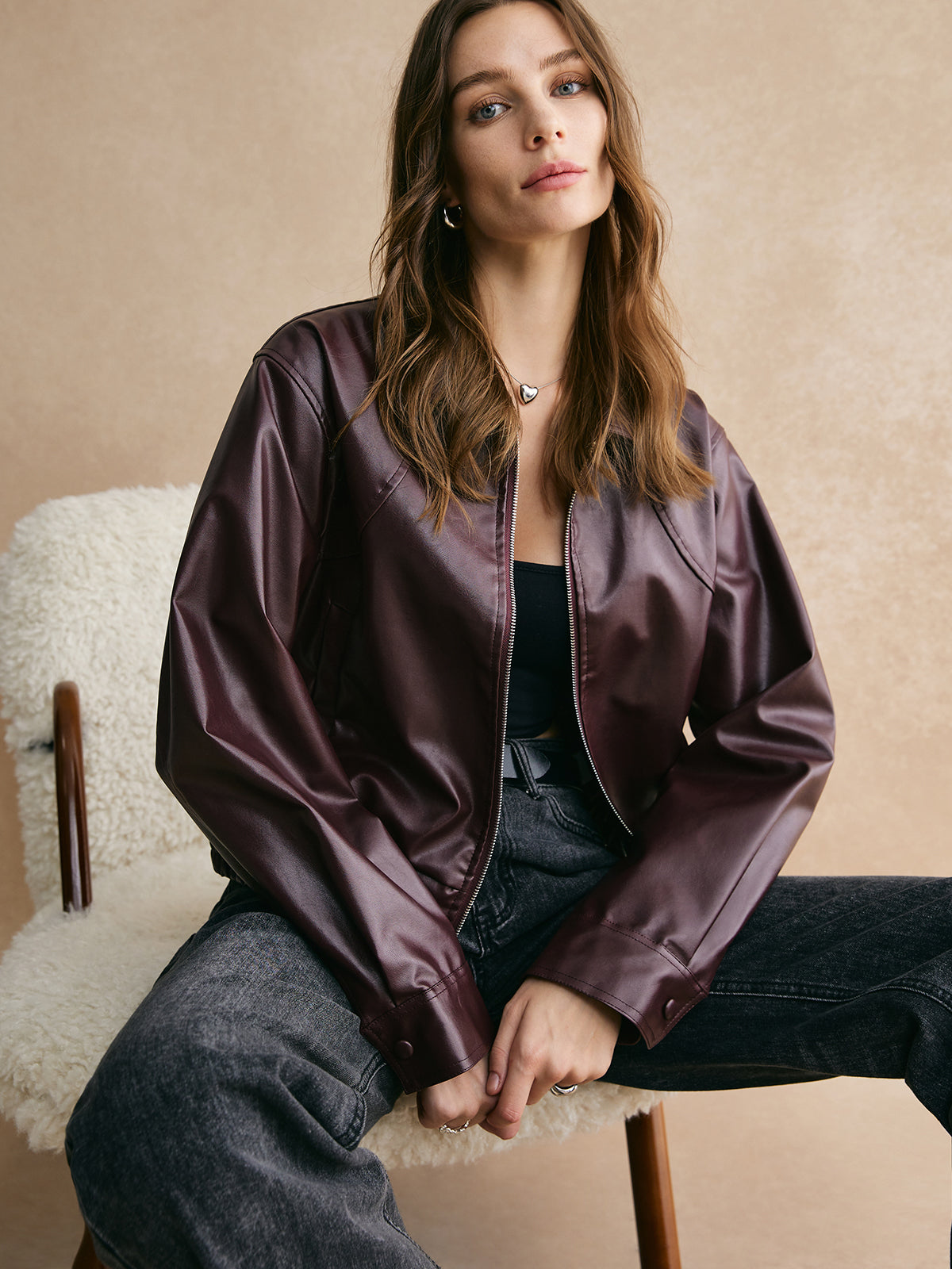 R&B | Reißverschluss PU Leder Kurze Jacke