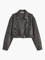 R&B | Schwarze Cropped Bikerjacke Aus Denim für Den Ultimativen Rock Chic Look
