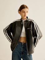 R&B | Schwarze Lederjacke mit Kontraststreifen