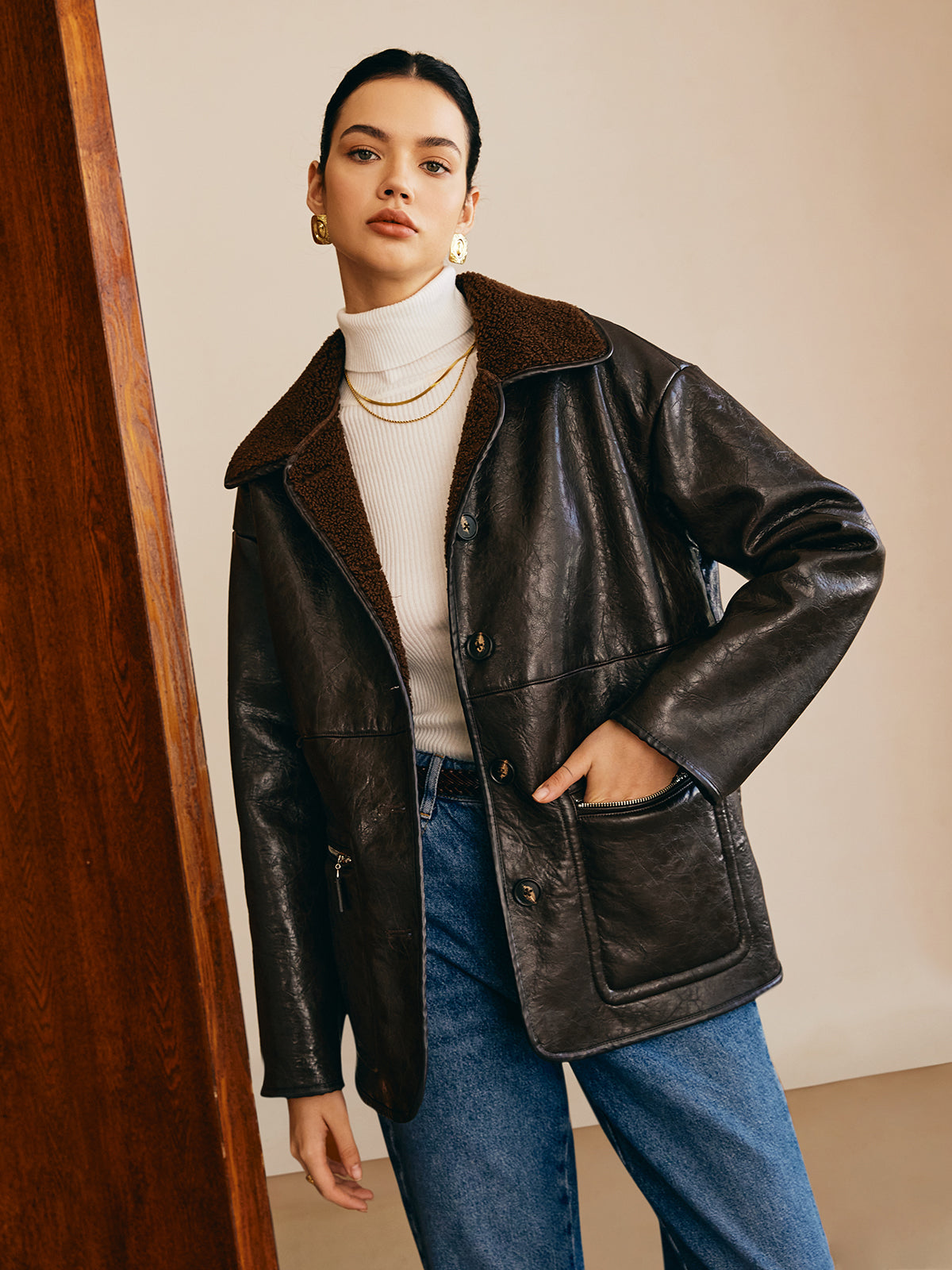 R&B | Seitliche Kunstleder Fleecejacke