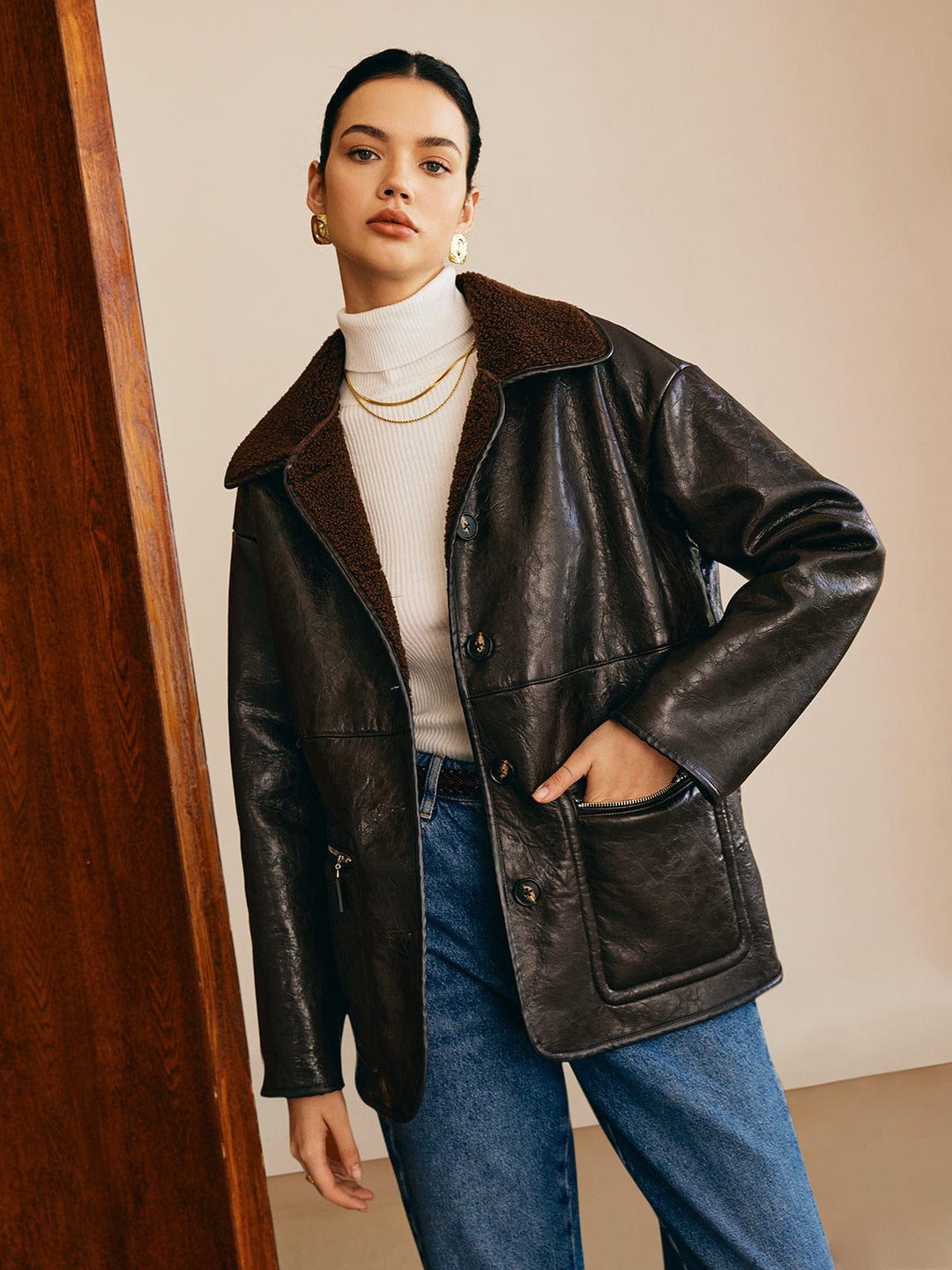 R&B | Schwarze Lederjacke mit Teddy Futter